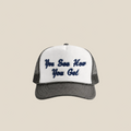 Trucker hat with text on a light background
