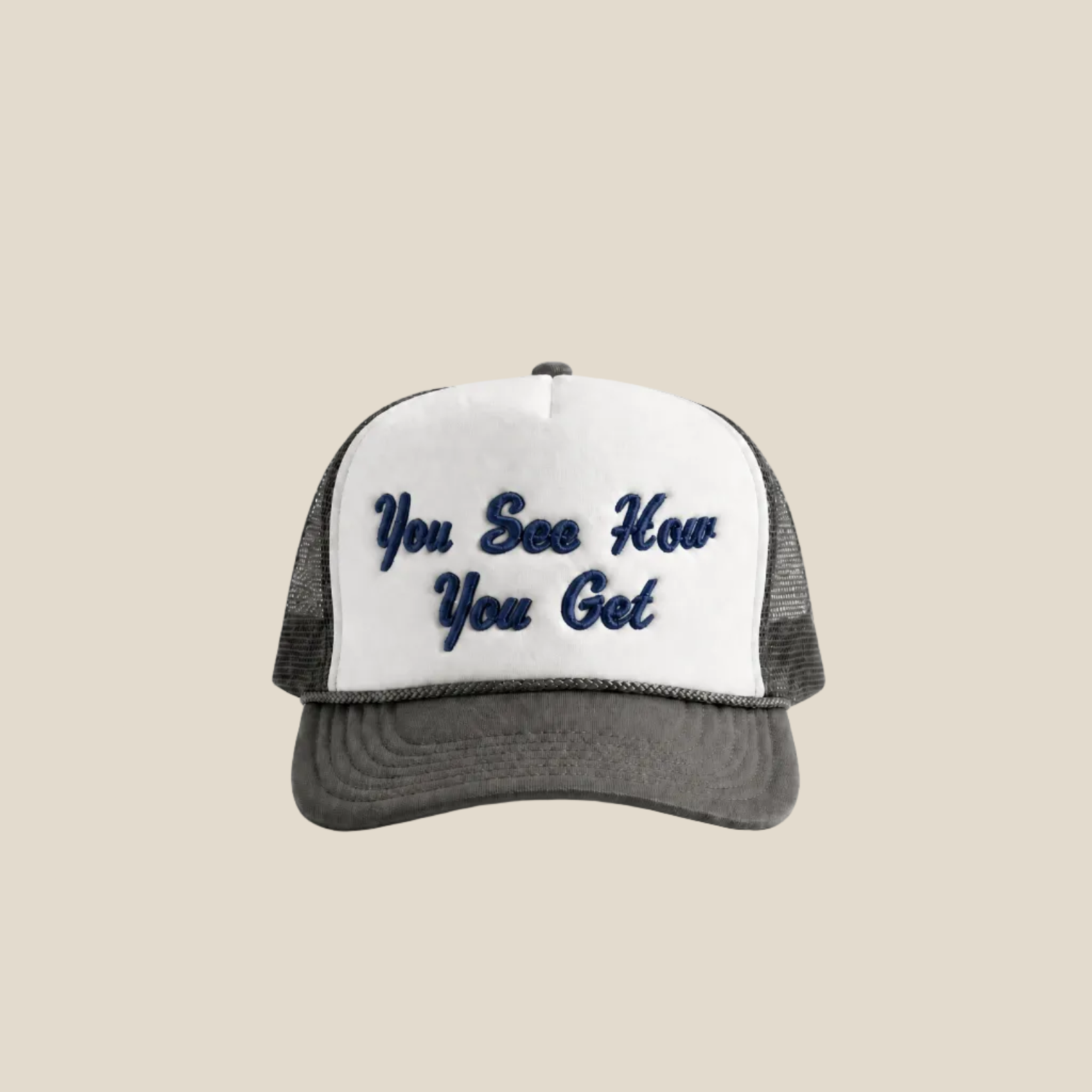 Trucker hat with text on a light background