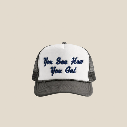 Trucker hat with text on a light background