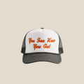 Trucker hat with text on a beige background
