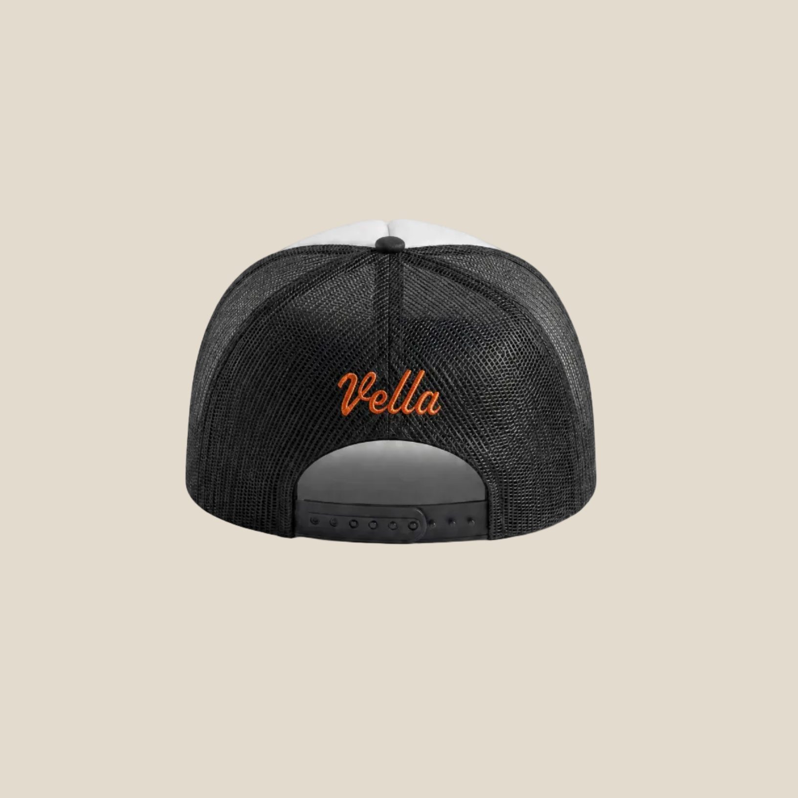 mesh cap with 'Vella' logo on a beige background 