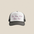 Trucker hat with text on a white background