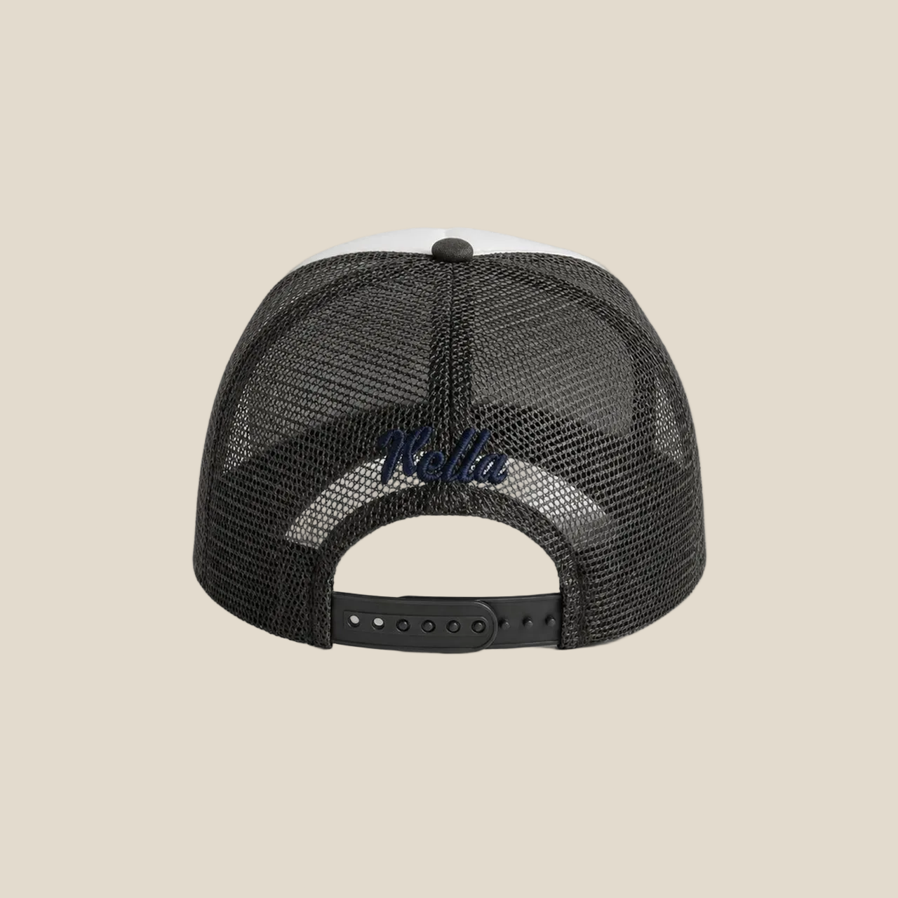mesh cap with 'vella' branding on a light background
